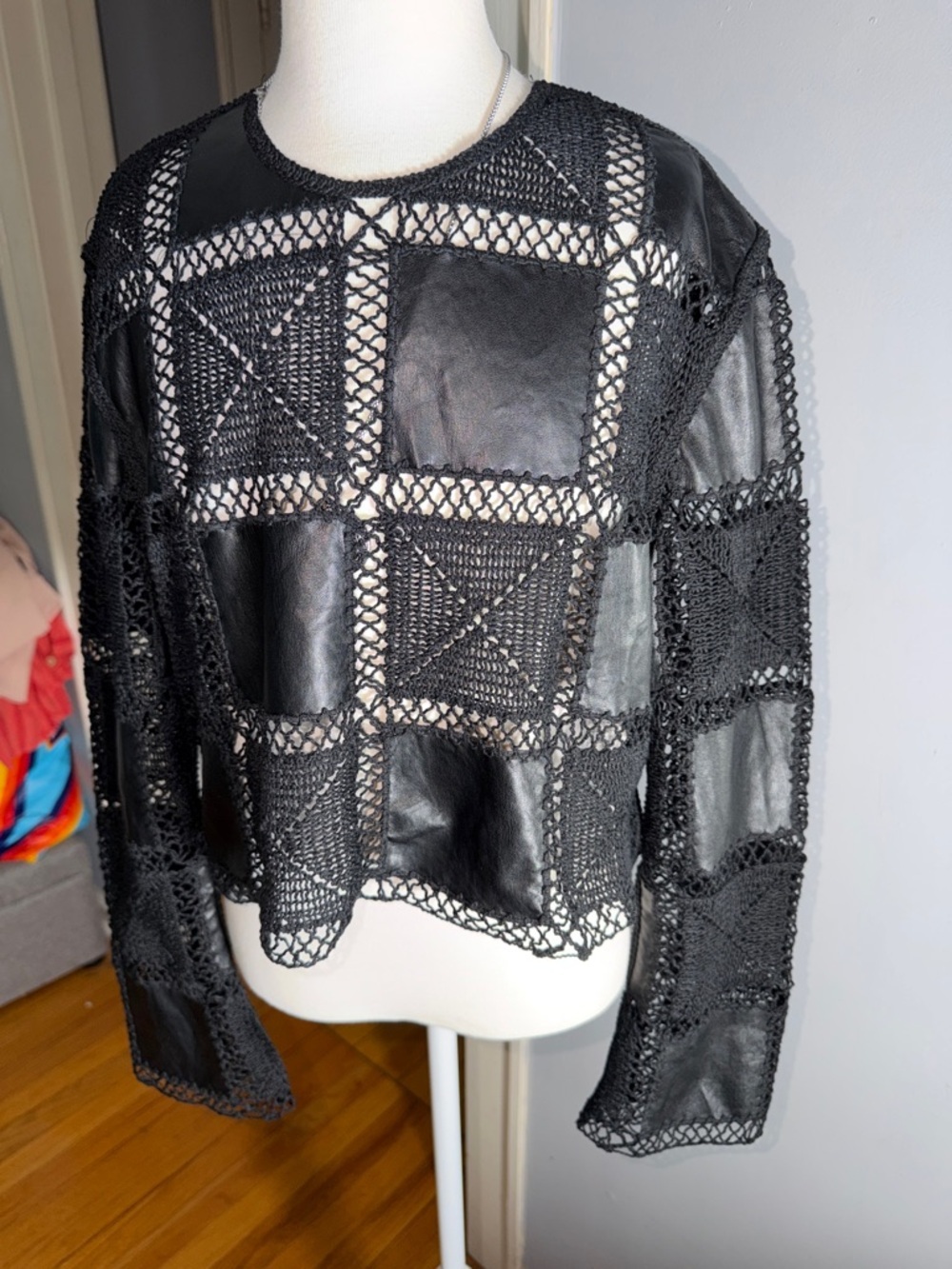 Zara Black Cropped Leather-Lace Grid Top